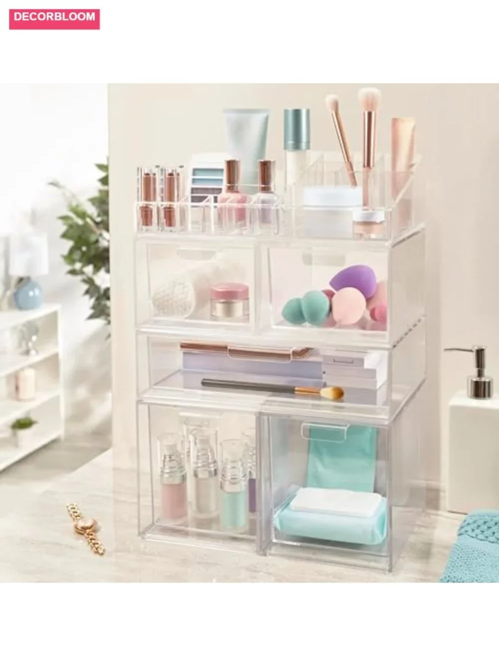 15-Compartment Clear Acrylic Makeup Organizer for Vanity, Brushes & Palettes